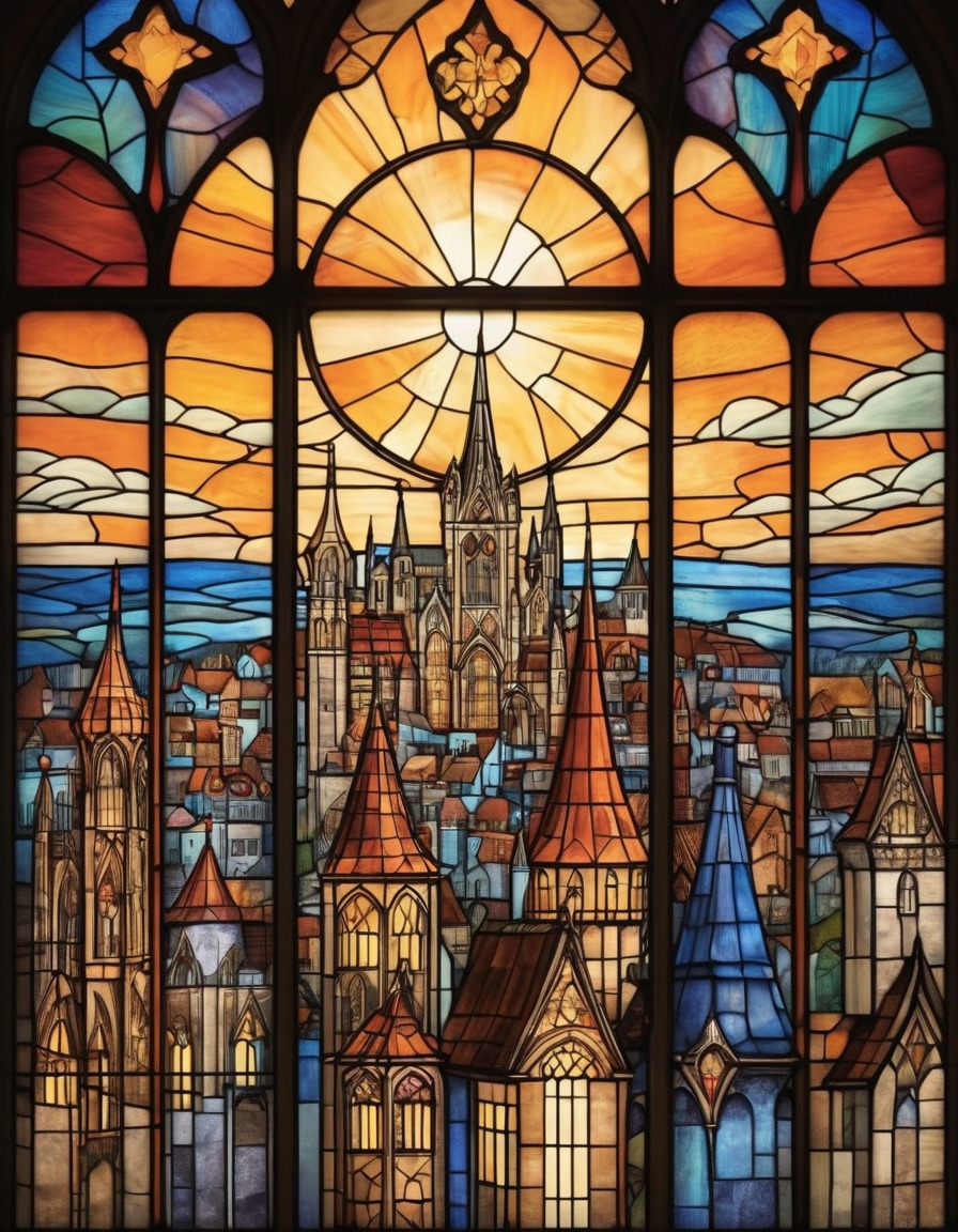 medieval art, stained glass window, city skyline, architecture, historical art, medieval, art