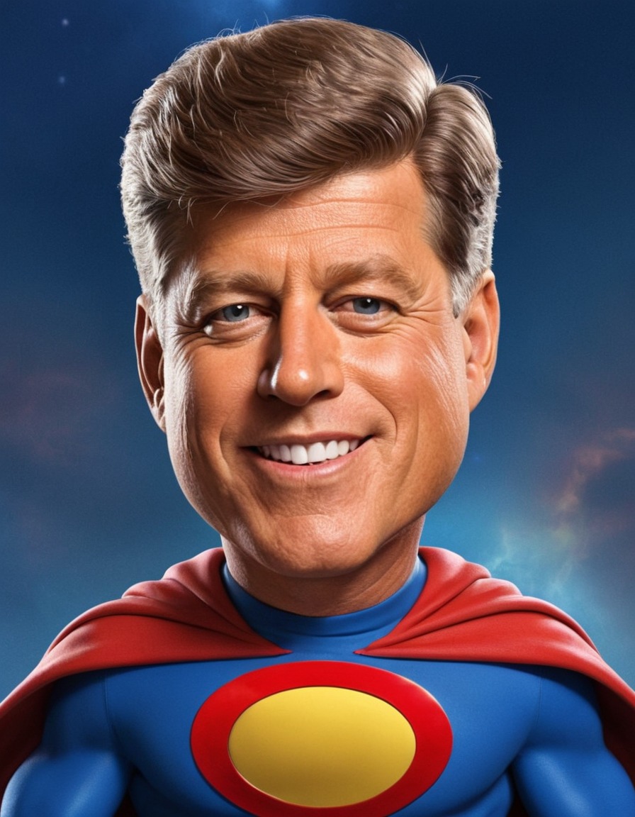 john f. kennedy, superhero, caricature, political satire, funny