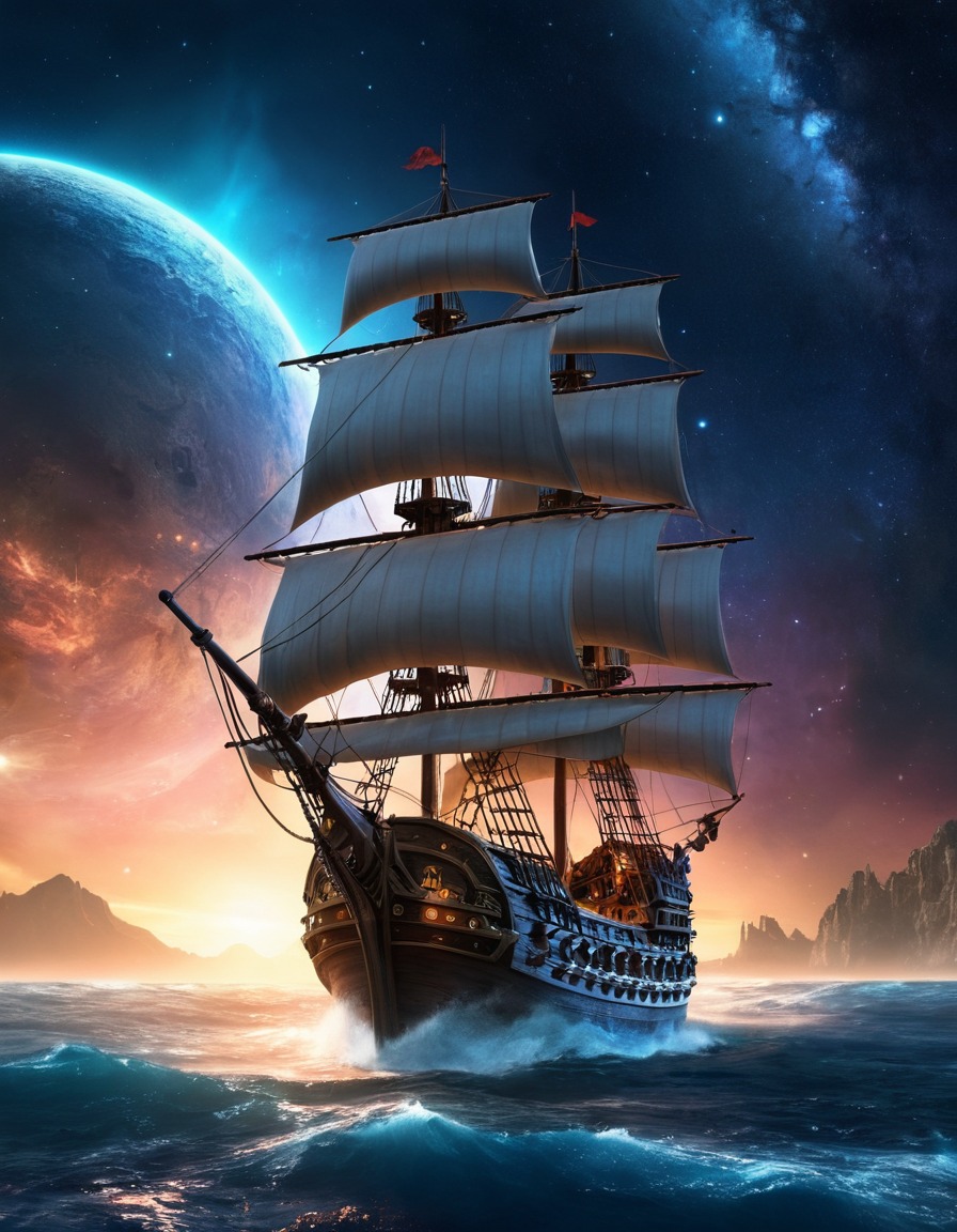 pirate ship, outer space, science fiction, adventure, fantasy, interstellar travel, cosmic exploration