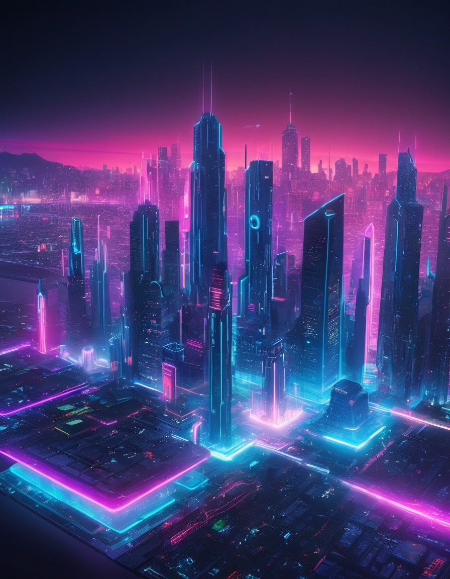 cityscape, futuristic, neon lights, holograms, technology