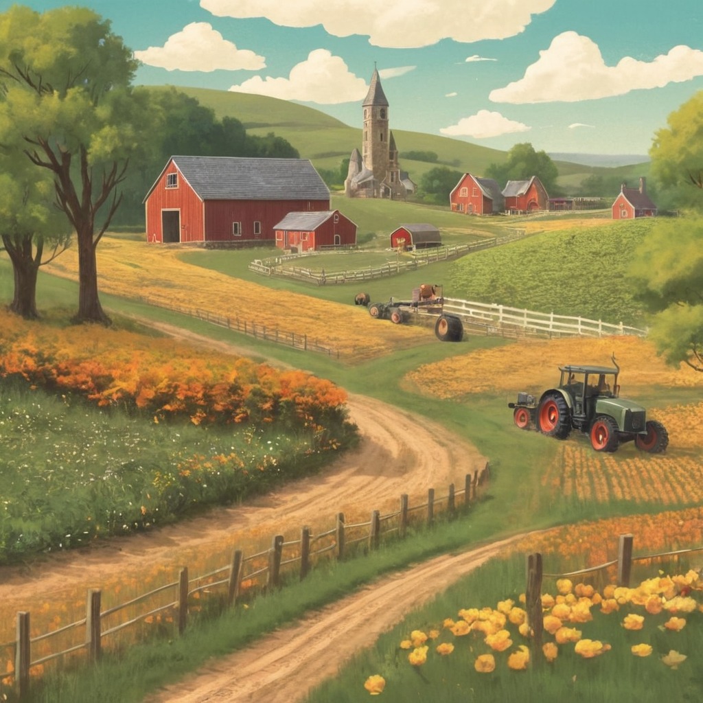 digitalart, dreamup, cartoon, digitalpainting, conceptart, landscapepainting, vintage, sky, western, fanart, farm, ai_art