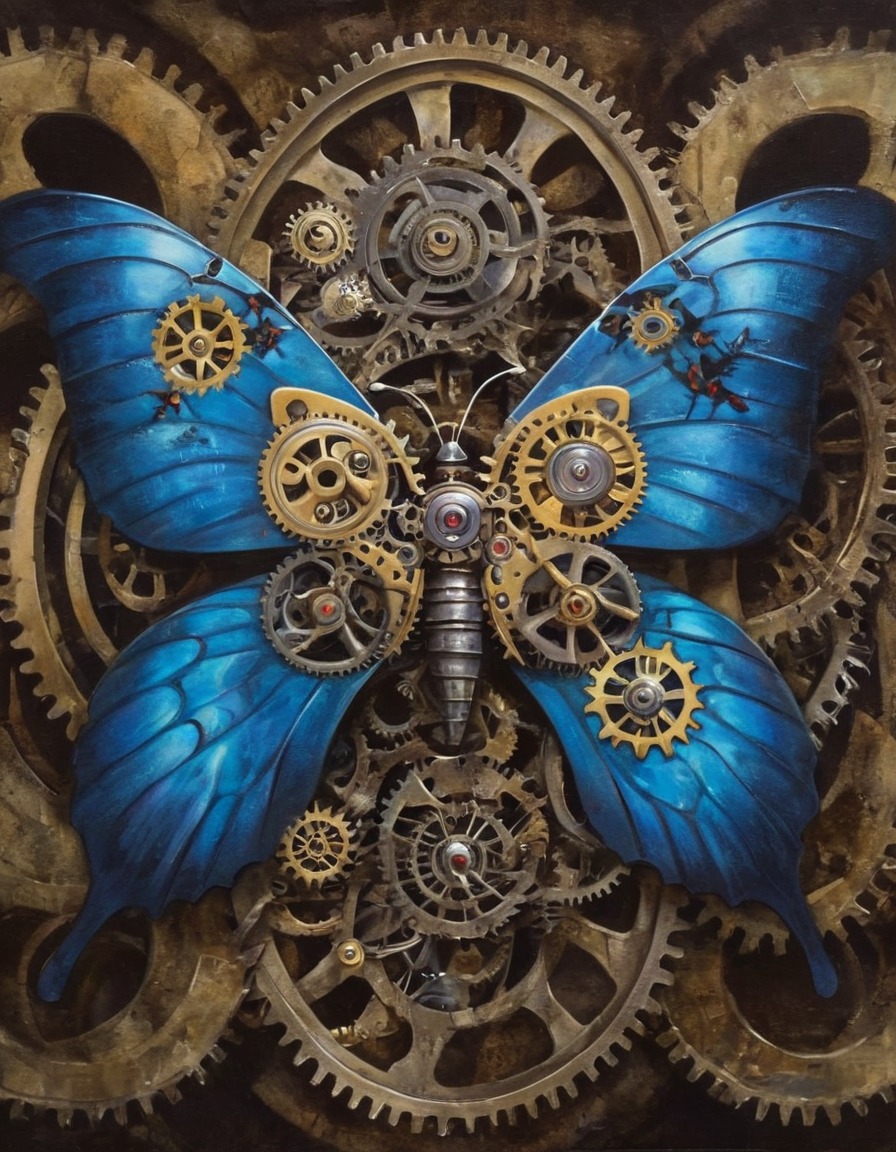 clockwork creature, surreal, gears, butterfly wings