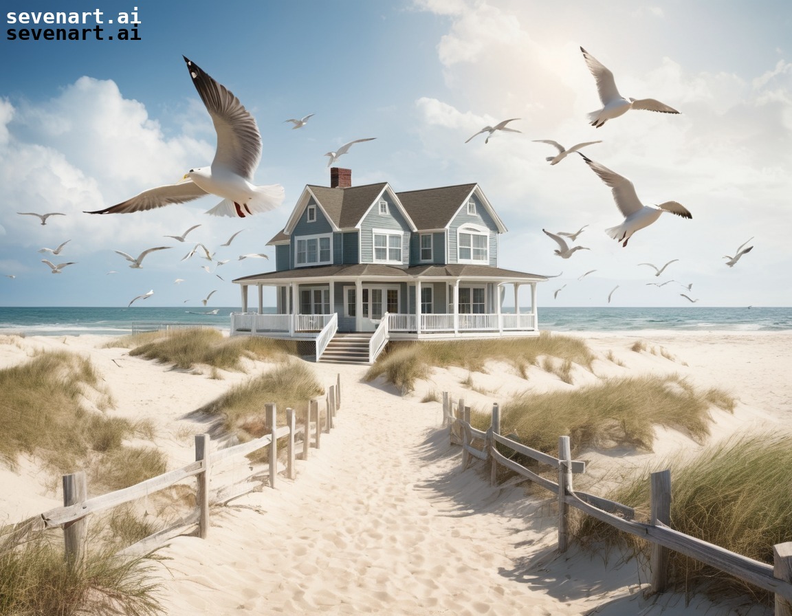 beach house, shore, seagulls, waves, peaceful, house, home