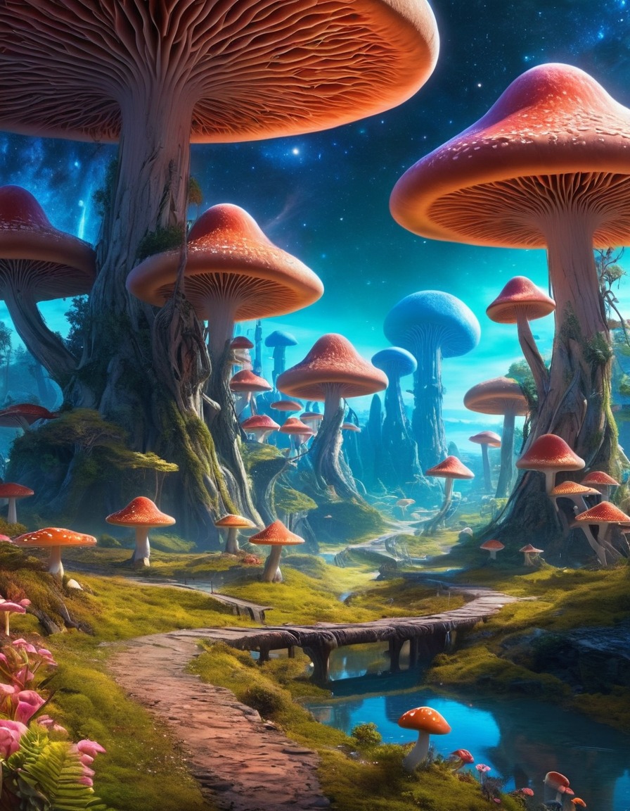 extraterrestrial beings, village, glowing, mushroom forest, planet, distant galaxy, extraterrestrial, aliens