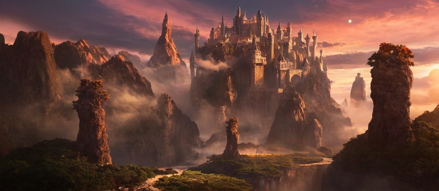 city, fantasy, highfantasy, mountains, sunset, conceptart, towers