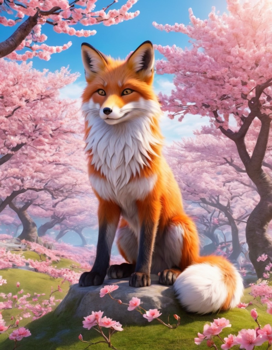 kitsune, japanese folklore, fox spirit, cherry blossoms, colorful, nature, mythical creatures