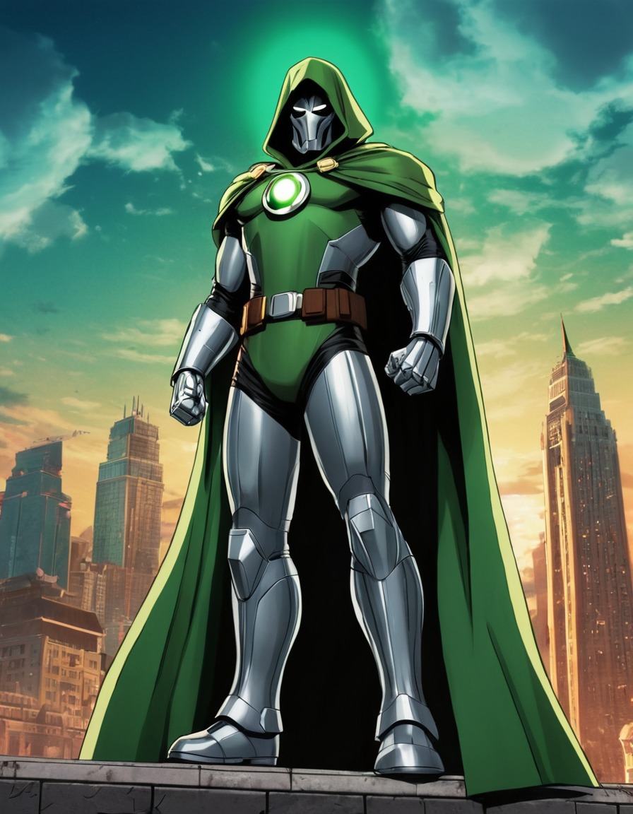 doctor doom, superhero, noble, powerful, triumph, cityscape, anime, marvel