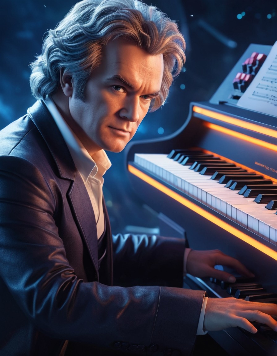 beethoven, composer, music, futuristic, keyboard, glowing lights