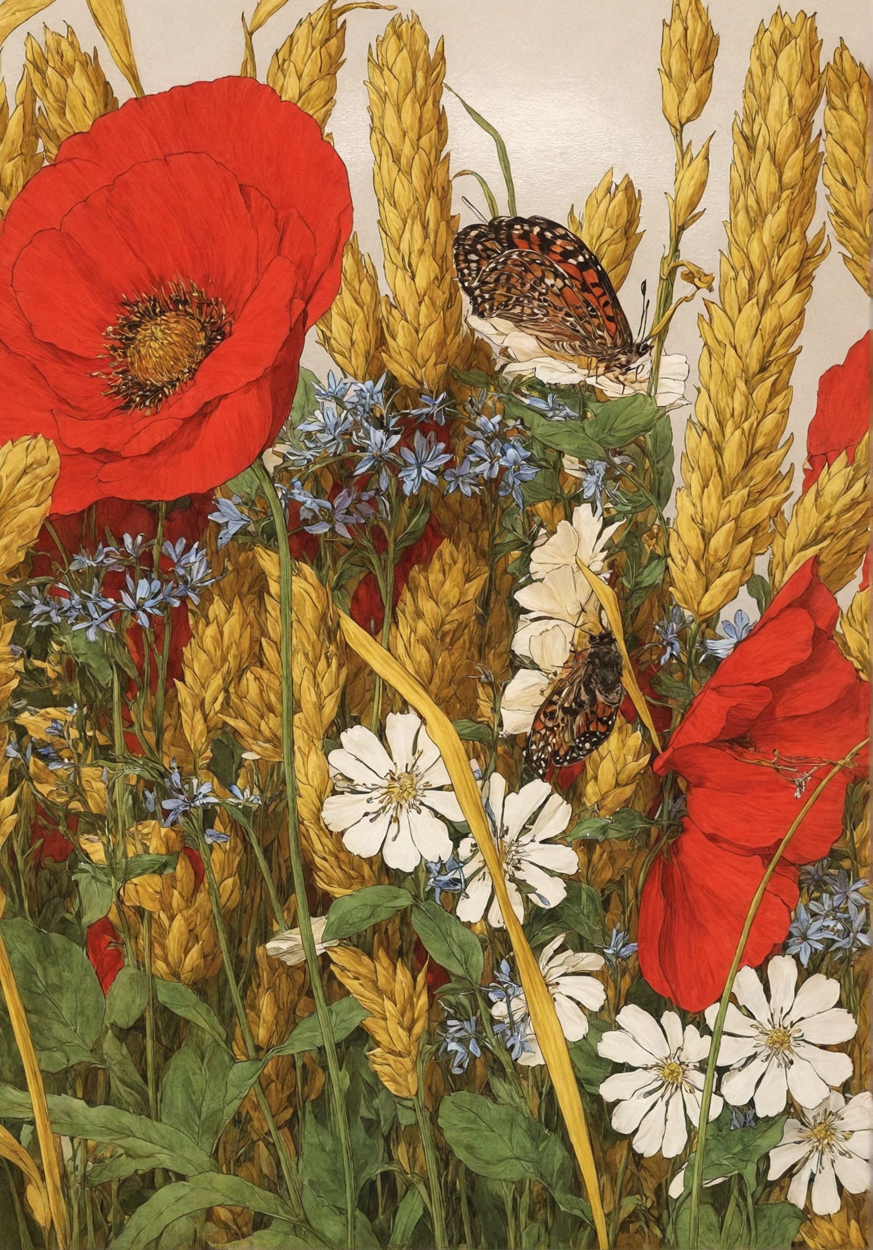 illustration, botanical, flowers, rodents, mice, wheat