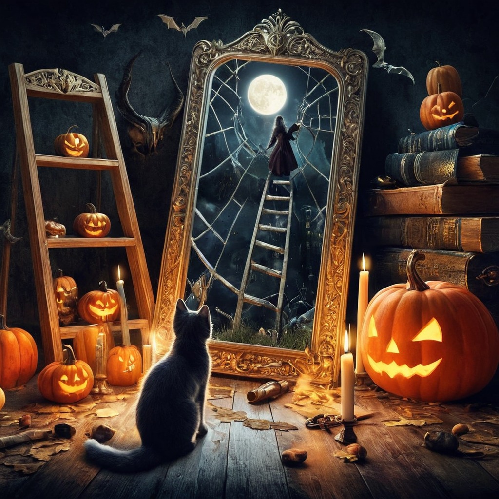 digitalart, magic, horror, cat, reflection, spooky, halloween, superstition