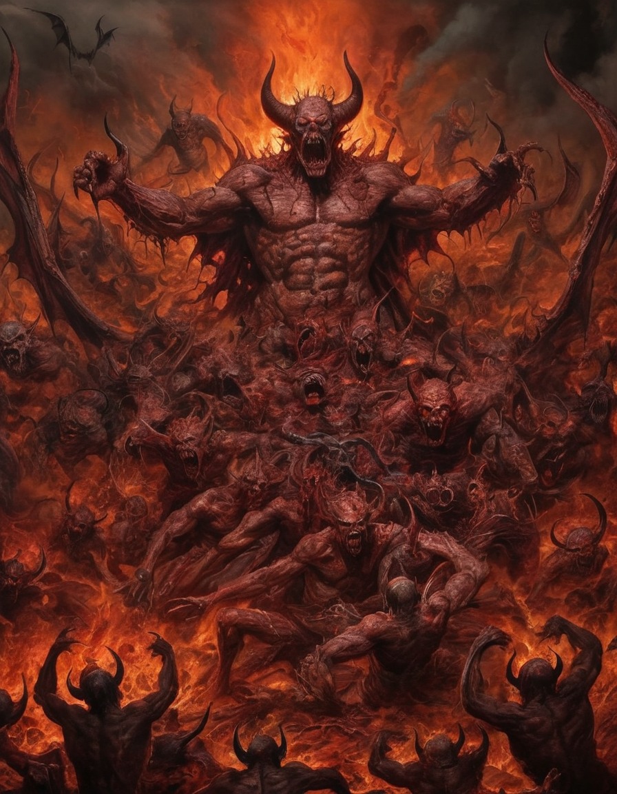 demonic entities, hellish torment, suffering souls, supernatural brutality, underworld horror