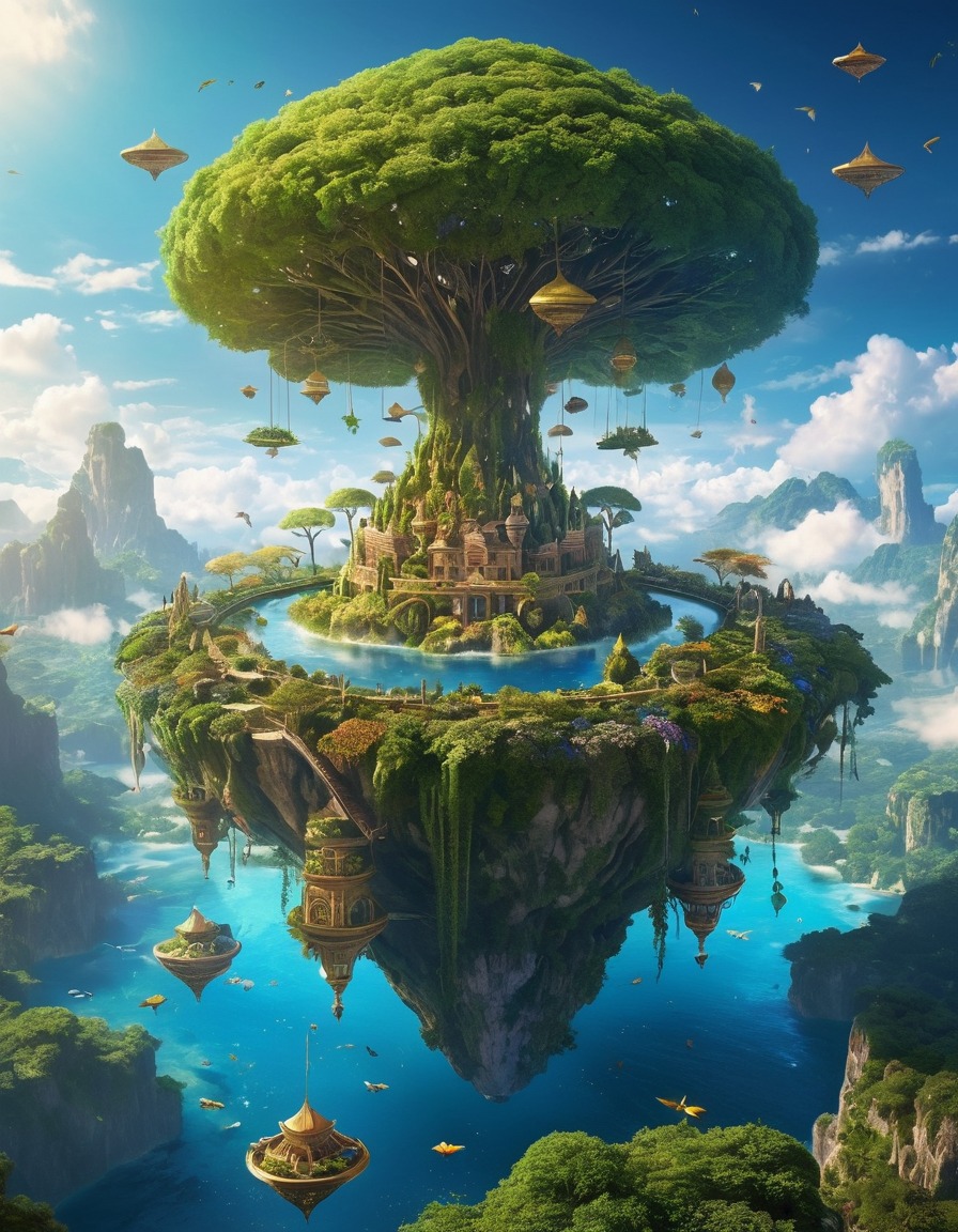 fantasy, floating island, winged beings, gardens, magical, mythical, ethereal, fantastic