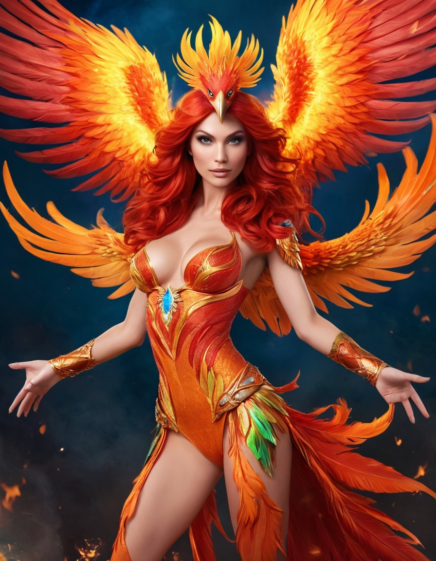 phoenix, birdwoman, vibrant plumage, mesmerizing presence, symbol, rebirth, passion