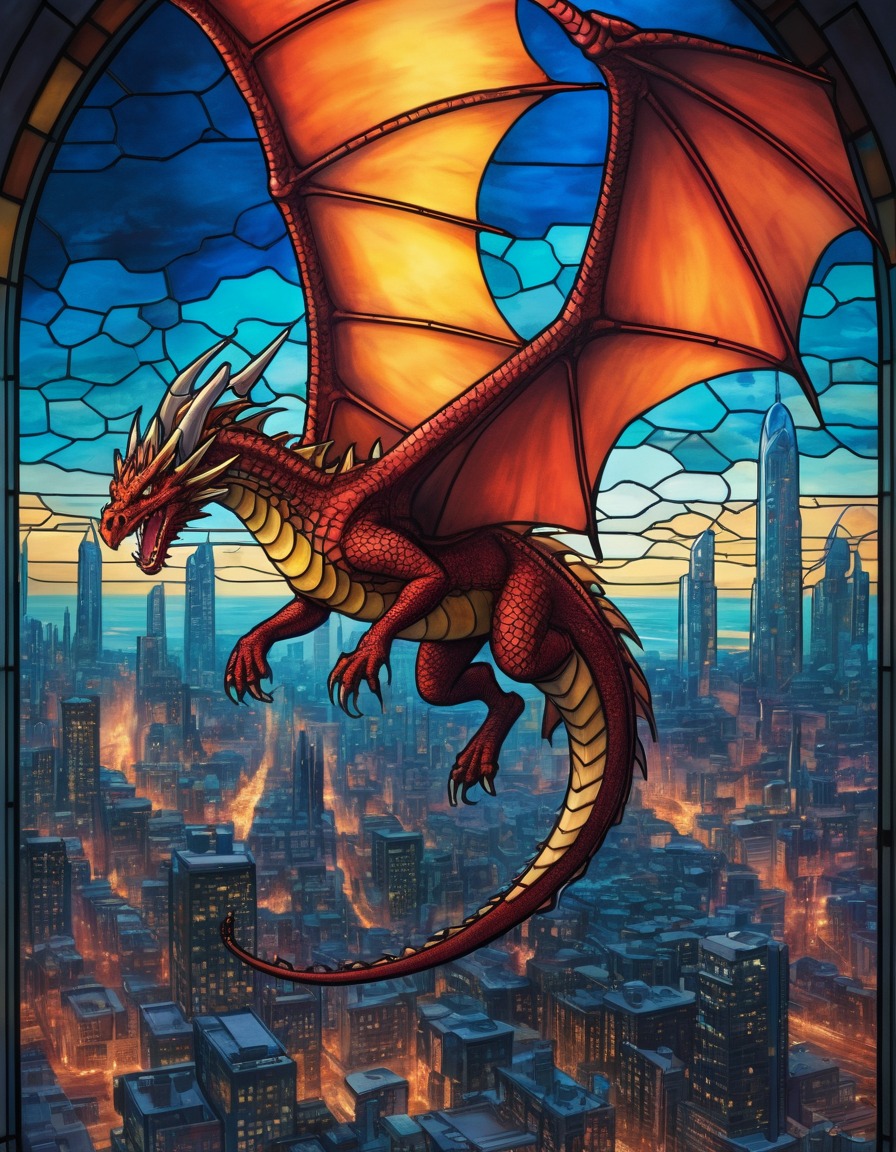 dragon, stained glass window, cyberpunk, city skyline, fantasy, architecture, medieval, art