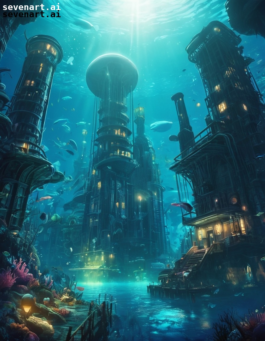 underwater city, bioluminescence, sustainable energy, futuristic, marine life, future