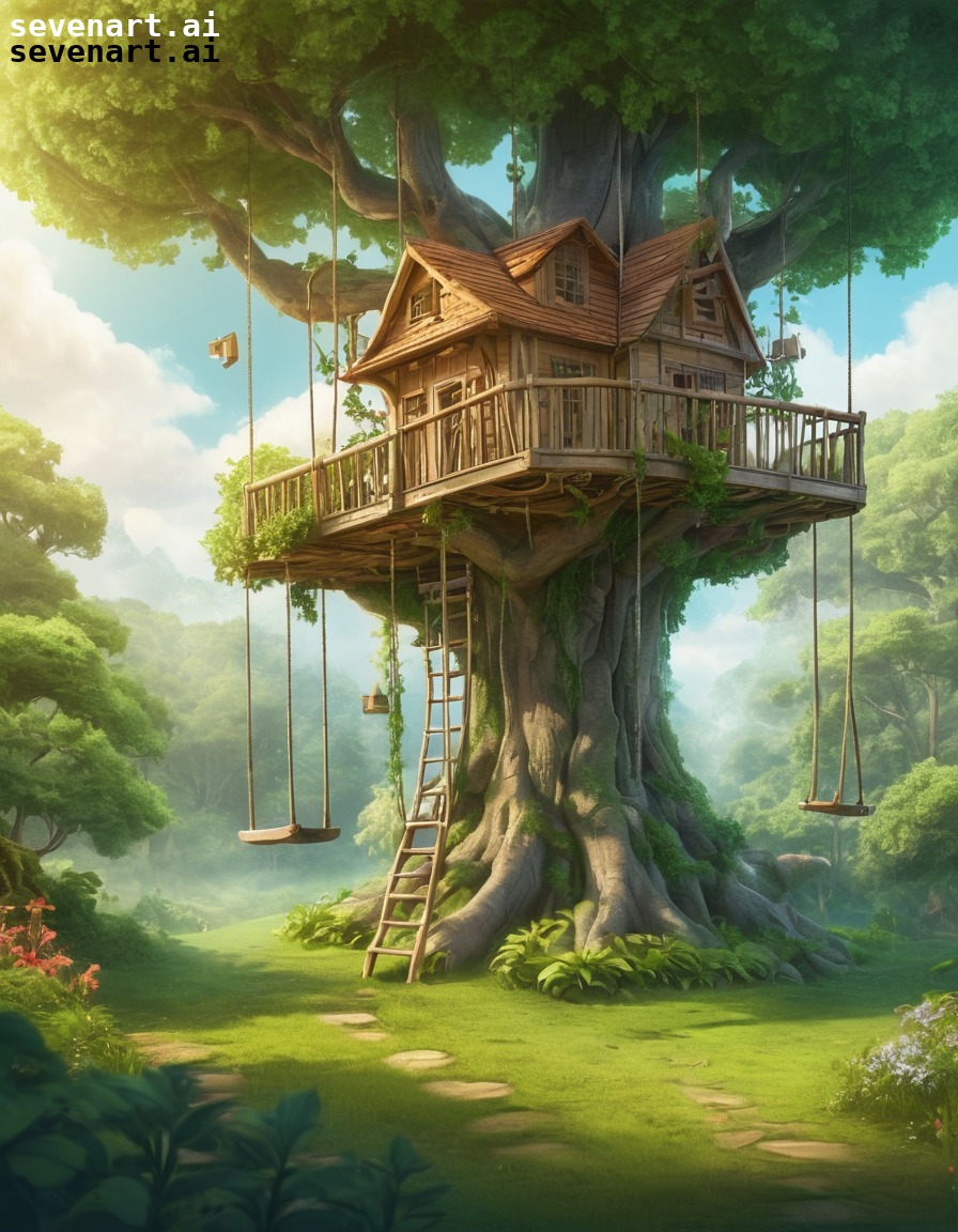 treehouse, lush greenery, swing, nature, idyllic, house, home