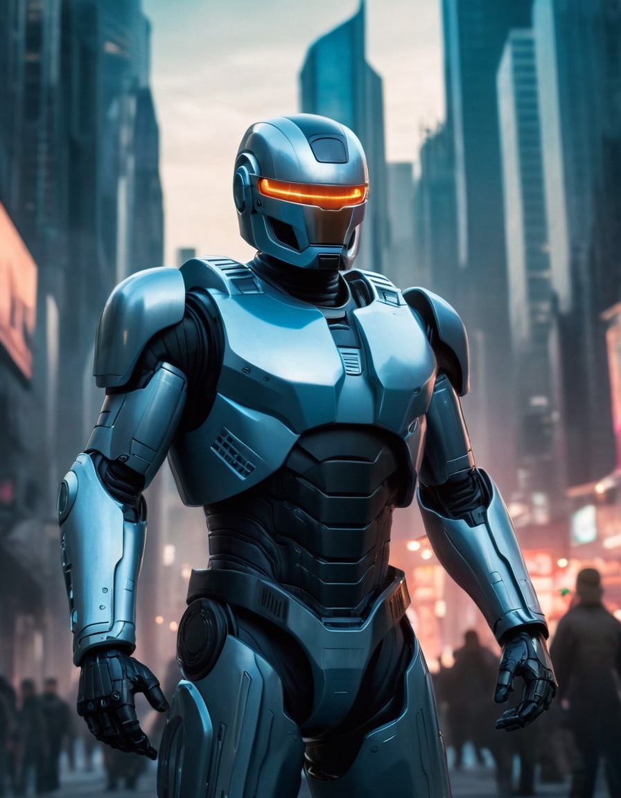 robocop, futuristic, cityscape, technology, crime prevention, sci-fi, robots, games, movies