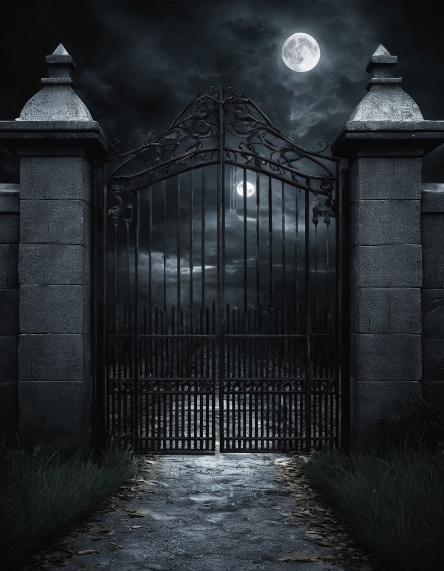 iron gate, creaking, path, darkness, entryway, mysterious, gothic, underground, dark