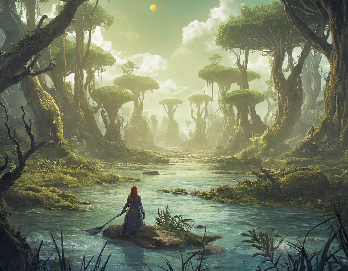 digitalart, fantasyart, dreamup, adventure, clouds, figure, grass, marsh, plants, reflections, sky, swamp, trees, water, hummocks, dailychallenge, ai_art