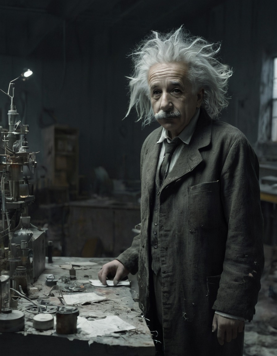 albert einstein, laboratory, physicist, tattered clothing, wild hair, desolate, wandering, zombie