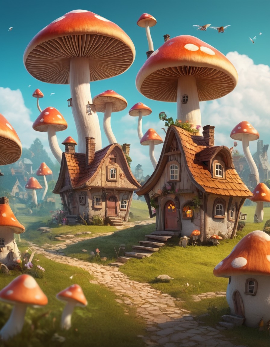 fantasy, fairies, whimsical, mushroom houses, village, fantastic