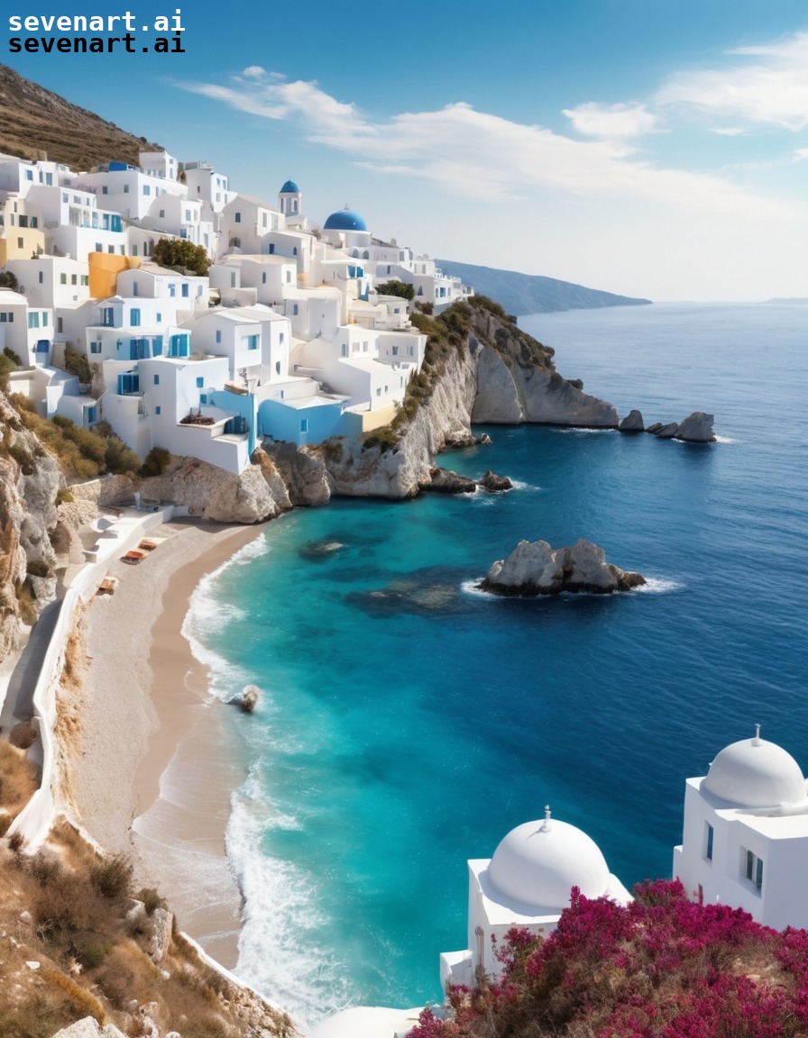 mediterranean sea, greece, cliffside village, white-washed buildings, colorful domes, europe