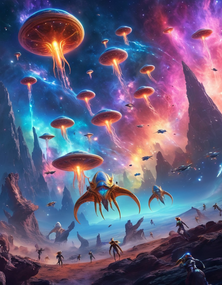 space, aliens, creatures, nebula, colorful, swarm, dazzling