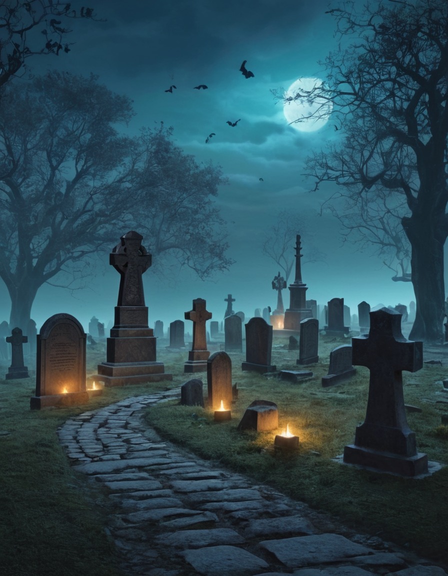 haunted graveyard, ghostly apparitions, fantasy scene, tombstones, ghosts, supernatural, hauntings