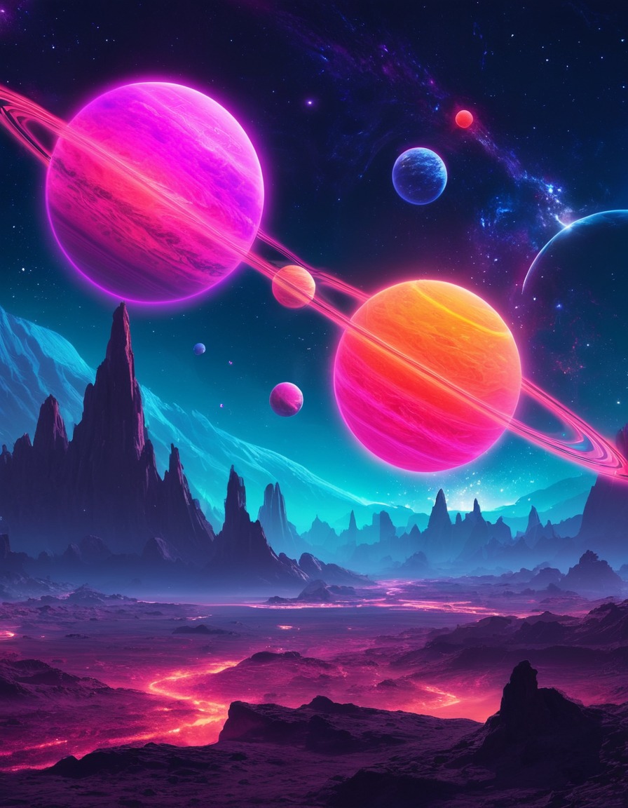 surreal, space, neon colors, planets, nebula, stars