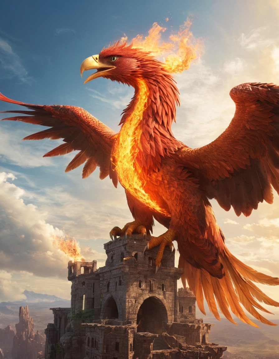 firebreathing, phoenix, tower, fantasy, mythical creature, destruction, legend