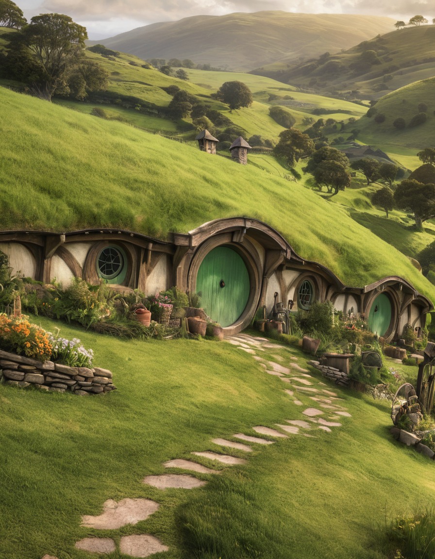 hobbit holes, shire, rolling hills, serene, fantasy, john tolkien, tolkien