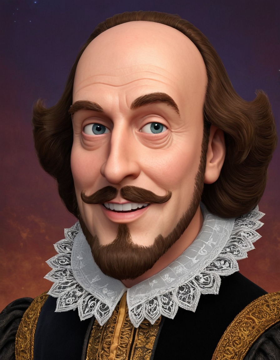 caricature, william shakespeare, funny, exaggerated features, silly expression