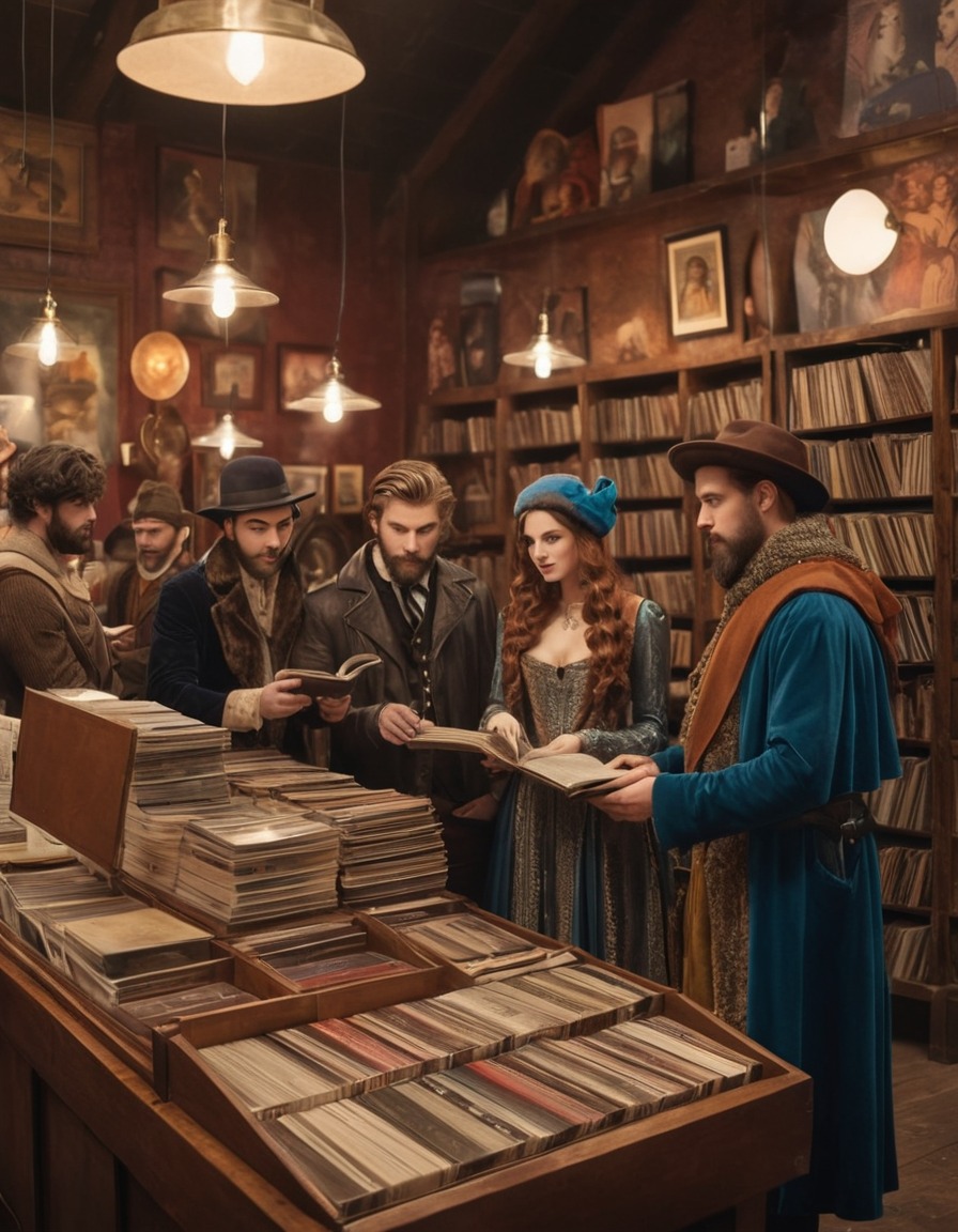 hipsters, medieval garb, vintage, record store, medieval, art