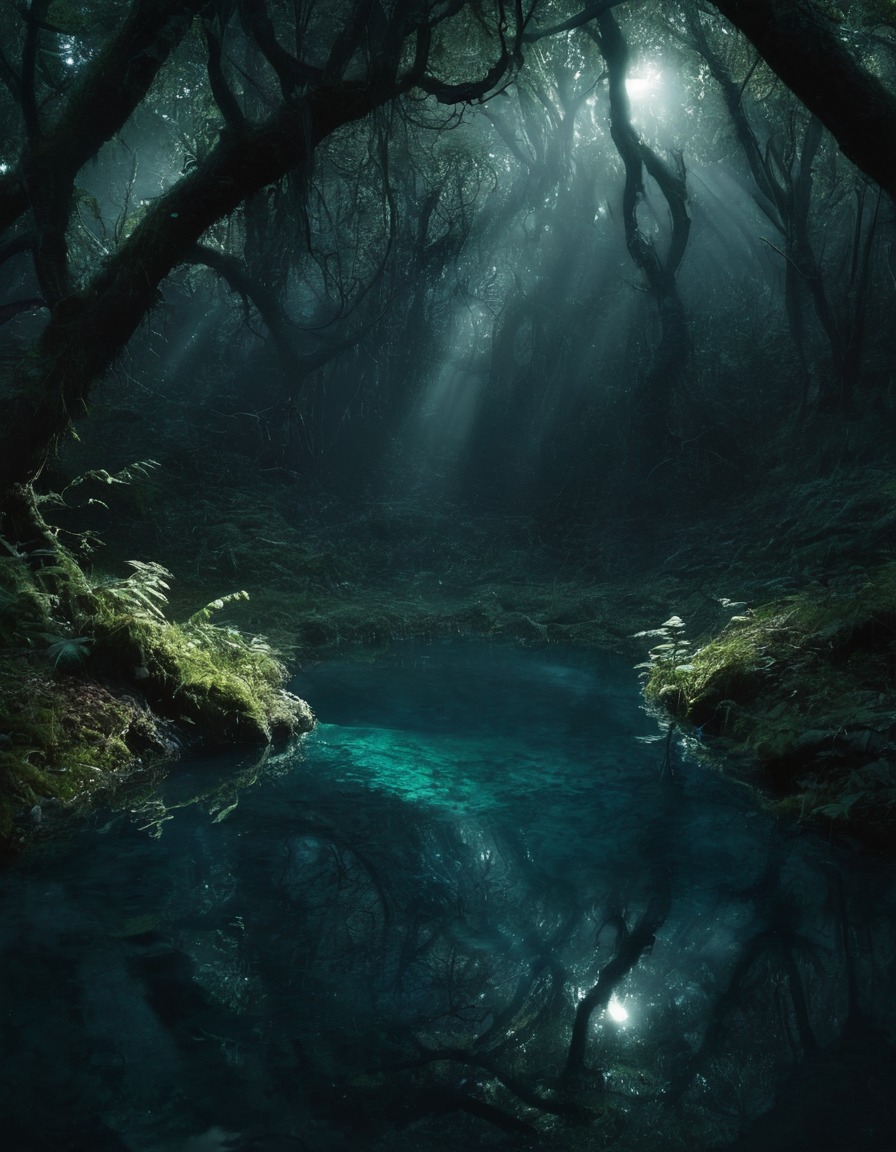 mystical, water, forest, hidden, clearing