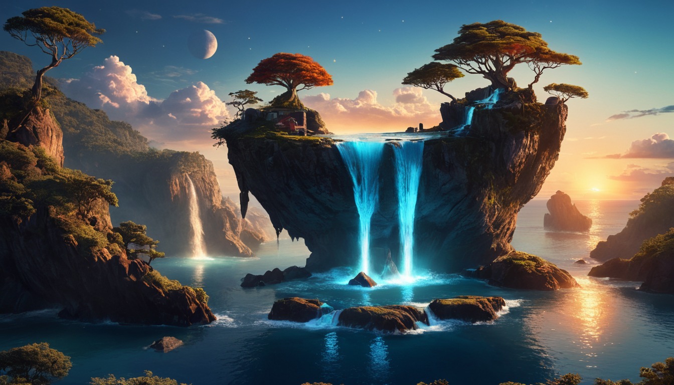 4k, 8k, cliffs, fantasy, fantasyart, fantasylandscape, island, landscapescenery, naturelandscape, sea, sunset, wallpaper, waterfall, naturebeautiful, aiart, 4kwallpaper, fantasy_wallpaper, 8kwallpaper, stablediffusion, cliffside, waterfallscenery