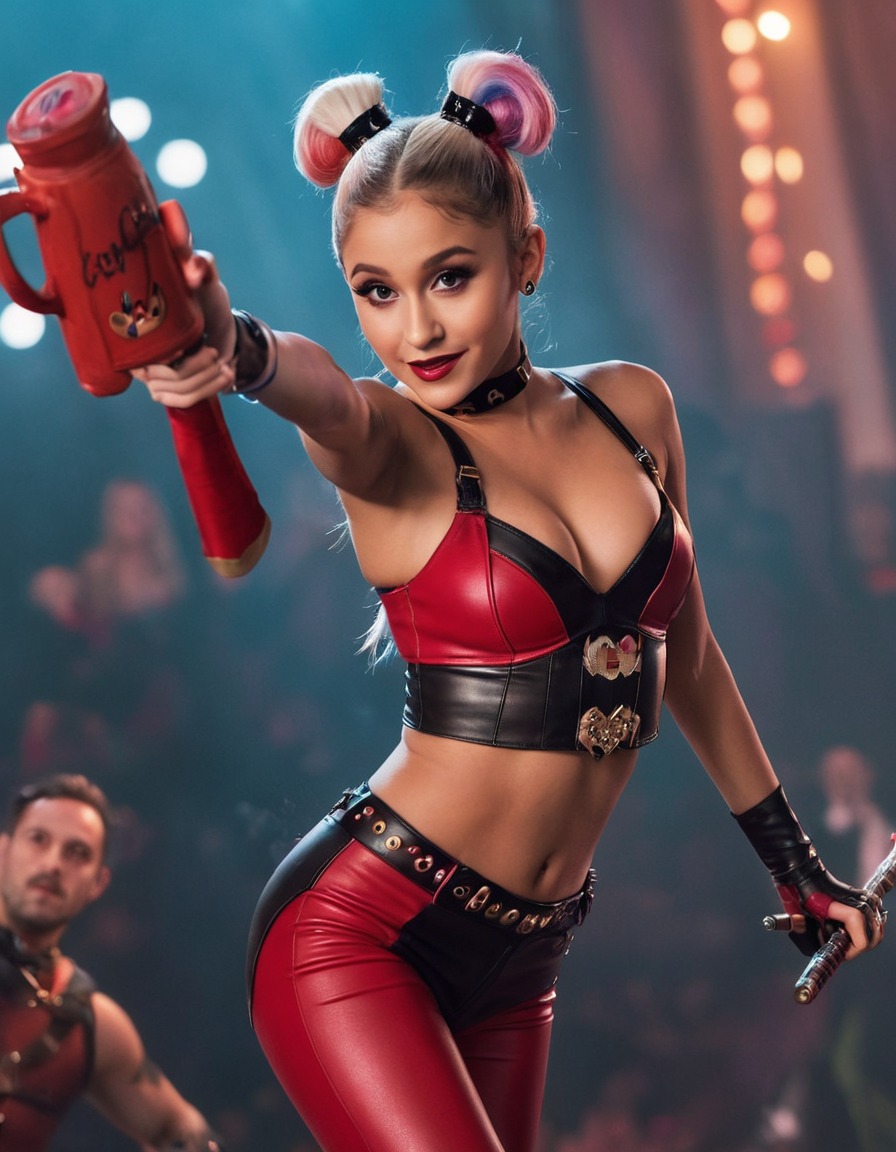 ariana grande, harley quinn, celebrity transformation, dc comics, performer, cosplay, superhero