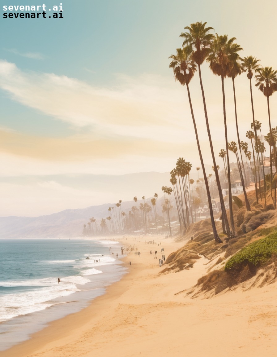 california, coastline, palm trees, surfers, golden sand, usa