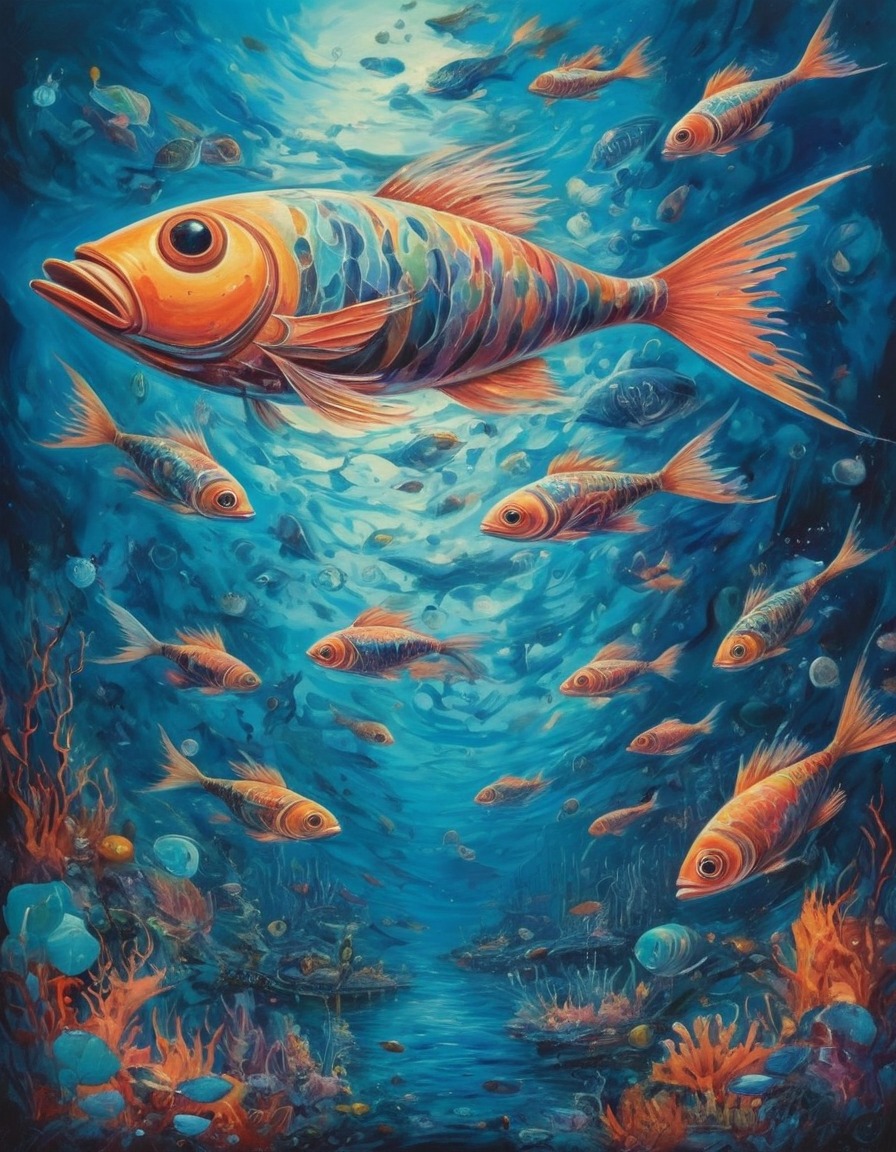 surreal, underwater, flying fish, fantasy