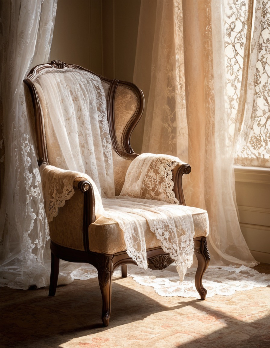 sunbeam, lace curtain, plush armchair, home decor, home, interior