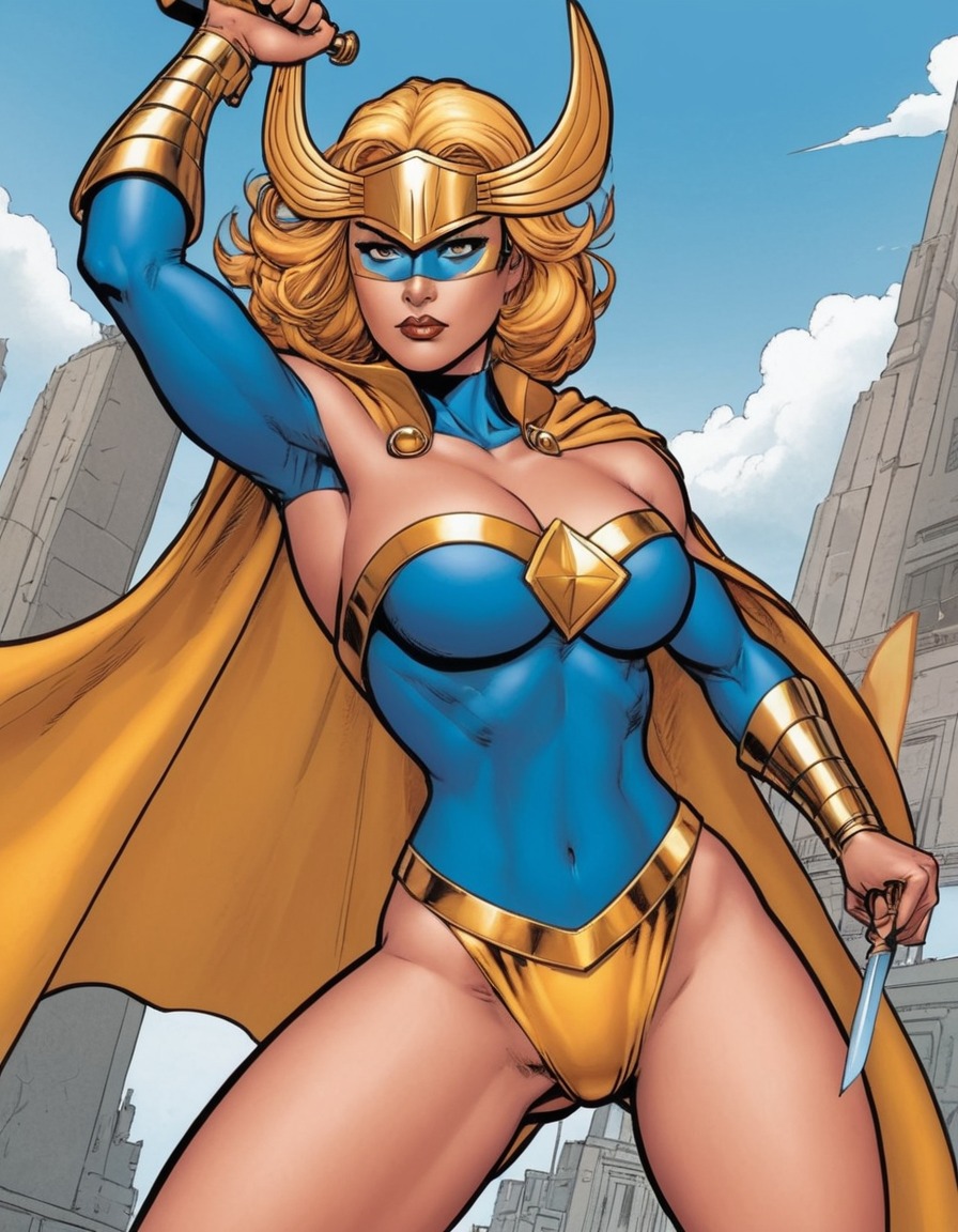 marvel comics, valkyrie, superhero, sword, powerful pose, cape, dramatic pose, sexy, painted