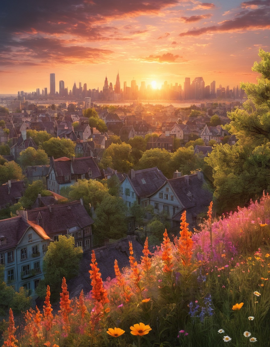 cityscape, sunset, wildflowers, trees, nature, city