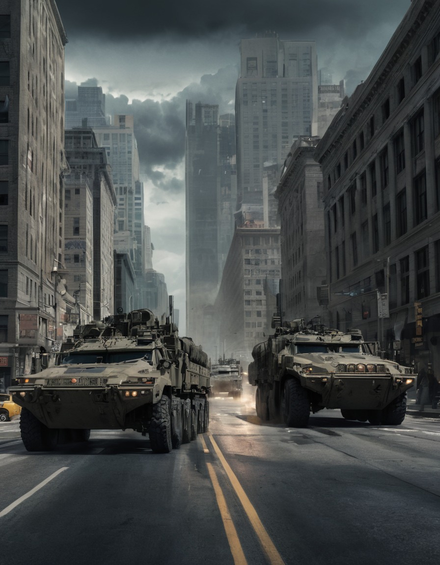 military convoy, downtown, city street, usa, war