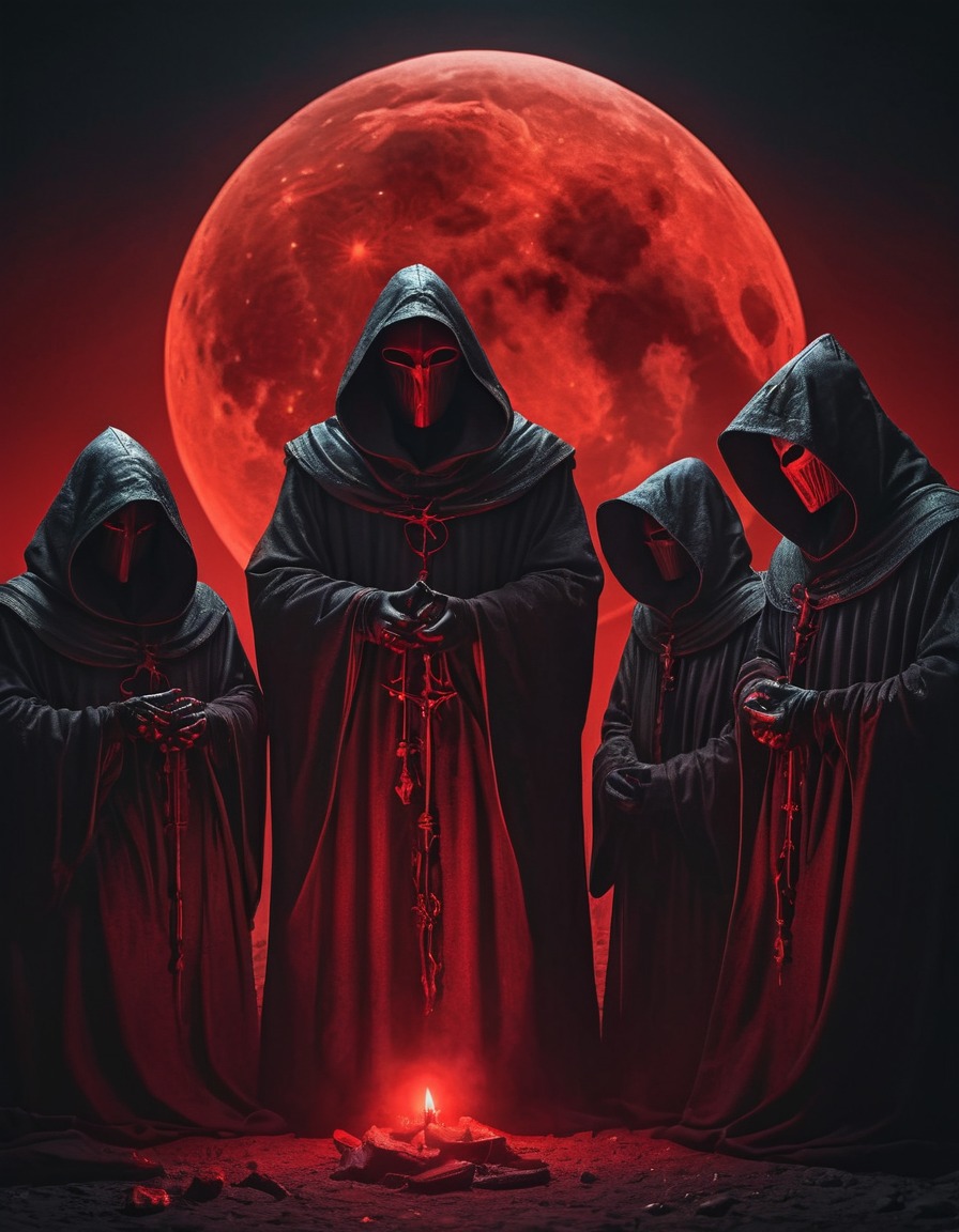 mysterious, ritual, hooded figures, moon, dark, night, sinister, gothic, underground