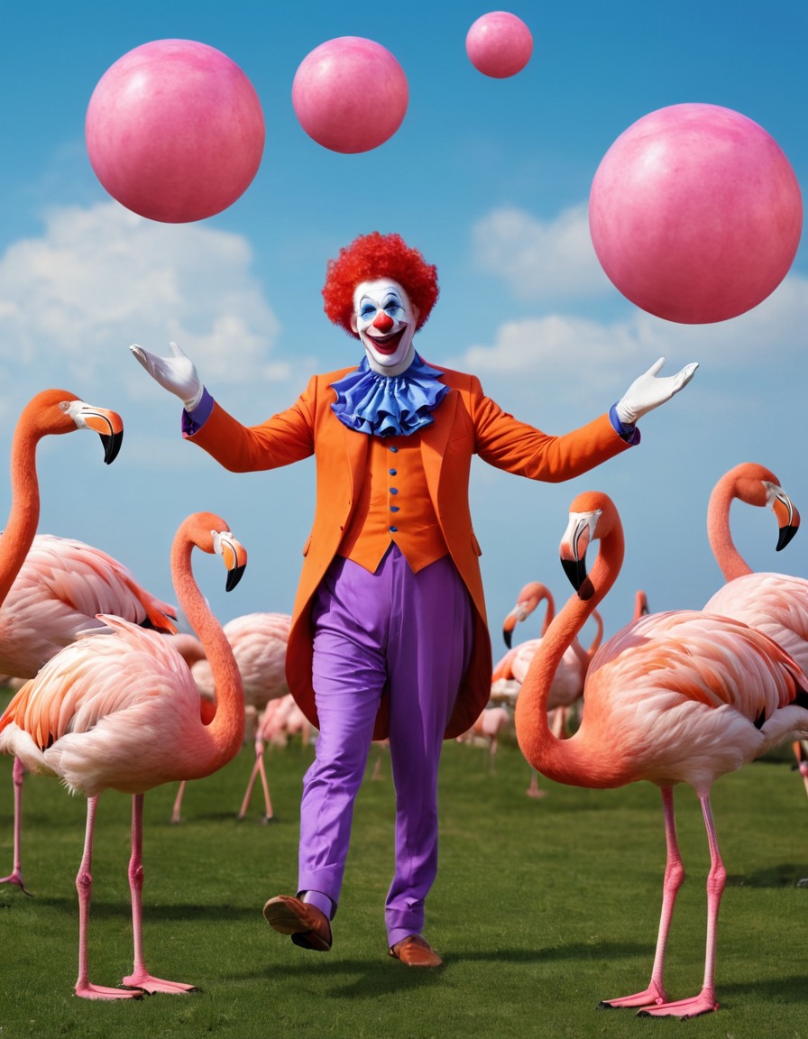 clown, juggling, flamingos, strange, circus, performance