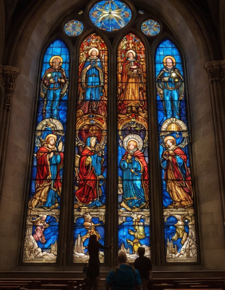 cathedral, stained glass window, astronauts, cosmos, exploration, space, vision, medieval, art