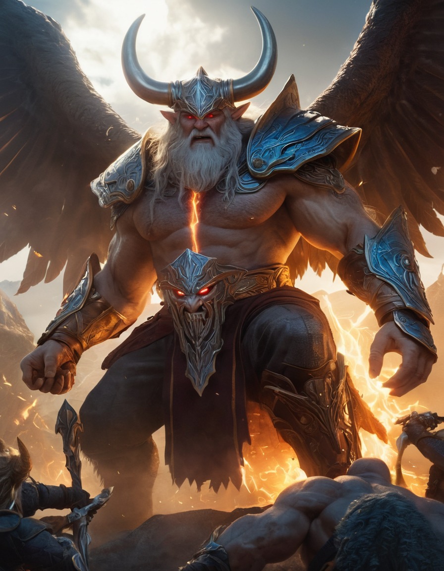 odin, epic, fight scene, monsters, norse mythology, legendary battle, norse gods