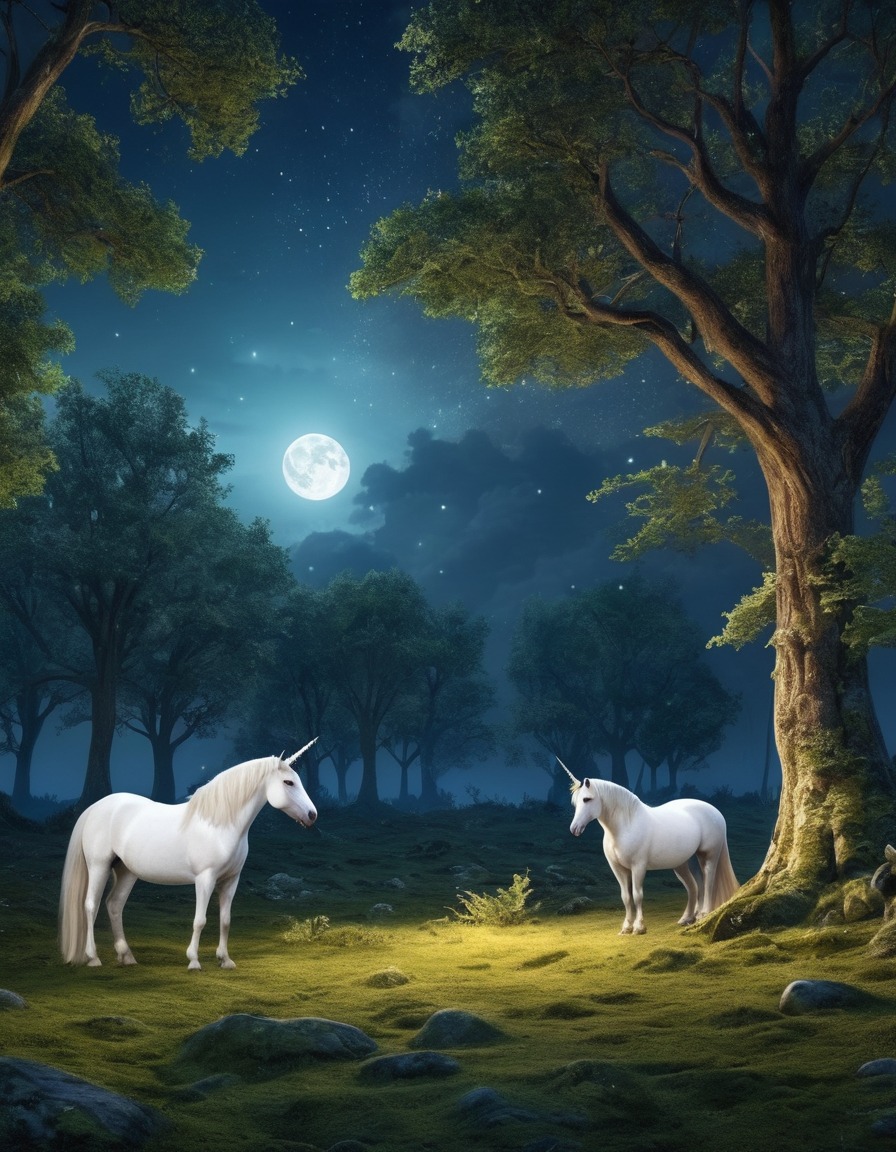 forest glade, unicorns, moonlight, fantasy scene, magical creatures