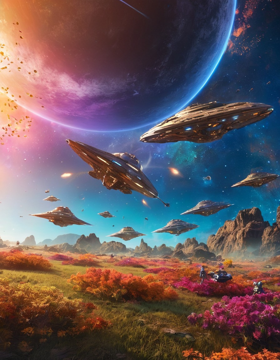 space, starships, field of space debris, colorful, traveling, galaxy, exploration