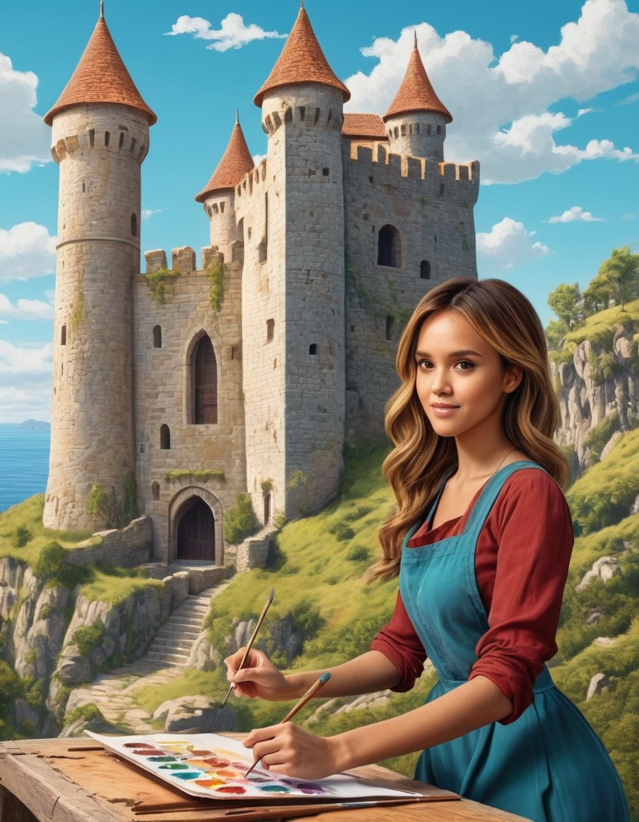 jessica alba, painting, medieval castle, vibrant colors, intricate details