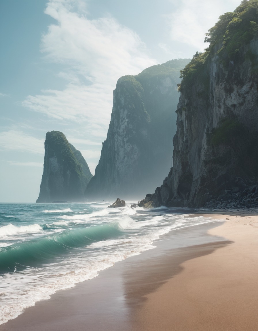 beach, sea cliffs, waves, serene, nature